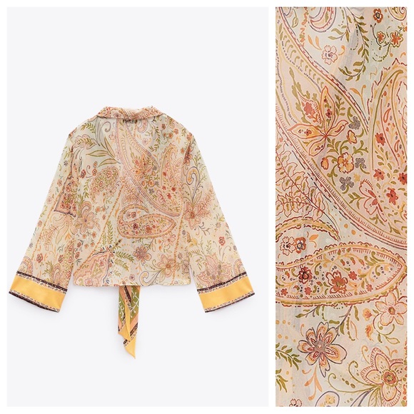 NWT. Zara Cream/Beige Paisley Printed Chiffon Blouse. Size L. - Picture 7 of 10